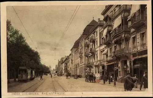 Ak Wiesbaden in Hessen, Rheinstraße, Straßenbahn, Hotel