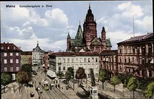 Ak Mainz am Rhein, Gutenbergplatz, Dom, Straßenbahn