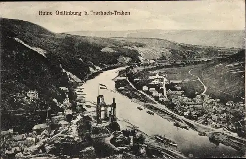 Ak Traben Trarbach an der Mosel, Ruine Gräfinburg, Panorama mit Fluss