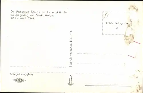Ak Prinzessinnen Beatrix und Irene der Niederlande auf Skiern, St. Anton 1949
