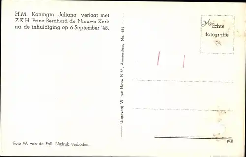 Ak Königin Juliana der Niederlande, Prinz Bernhard, inhuldiging Nieuwe Kerk Amsterdam 1948