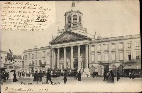 Ak Bruxelles Brüssel, La Place Royale, Denkmal, Straßenbahn