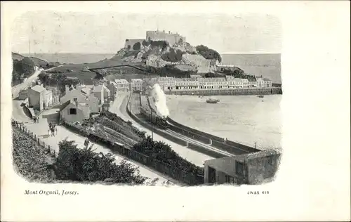 Ak Jersey Kanalinseln, Mount Orgueil Castle, Eisenbahnschienen, Dampflok