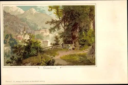 Litho Bad Gastein Badgastein in Salzburg, Wegepartie, Ortsblick