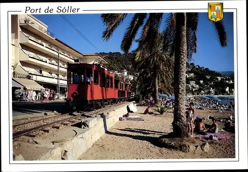 Ak Puerto Soller Mallorca Balearische Inseln, Strandpartie, rote Straßenbahn, Wappen