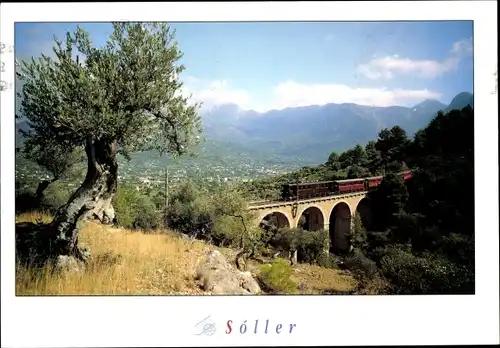 Ak Soller Mallorca Balearische Inseln, Viadukt mit Eisenbahn, Ort