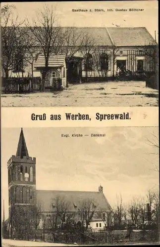 Ak Werben im Spreewald, Gasthaus zum Stern, Ev. Kirche, Denkmal