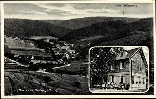 Ak Grillenberg Sangerhausen im Kreis Mansfeld Südharz, Gasthaus, Blick auf den Ort,Ruine Grillenburg