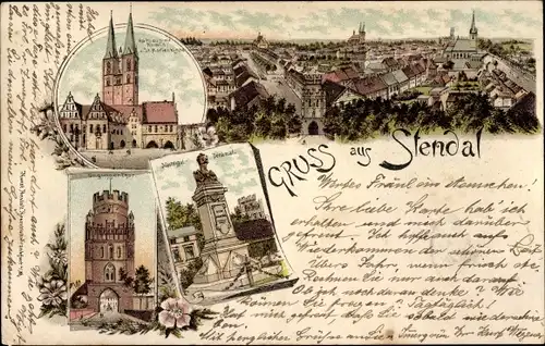 Litho Stendal in Sachsen Anhalt, Roland, St. Marienkirche, Tor, Nachtigal Denkmal