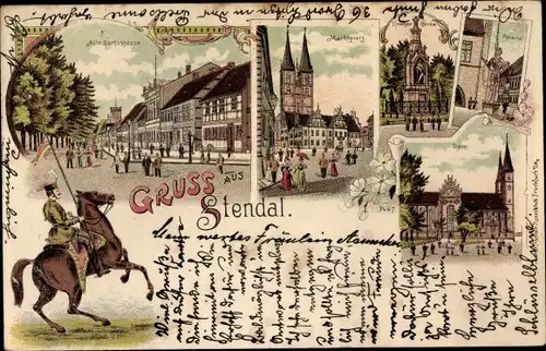 Litho Stendal in Sachsen Anhalt, Marktplatz, Roland, Dom, Dorfstraße