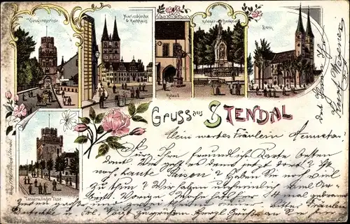 Litho Stendal in Sachsen Anhalt, Tangermünder Tor, Marienkirche, Rathaus, Kriegerdenkmal, Roland