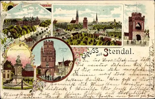 Litho Stendal in Sachsen Anhalt, Tangermünder Tor, Nachtigal Denkmal, Bahnhof