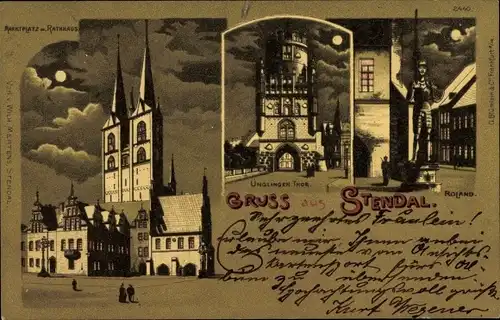 Mondschein Litho Stendal in der Altmark, Roland, Ünglinger Tor, Marktplatz, Rathaus