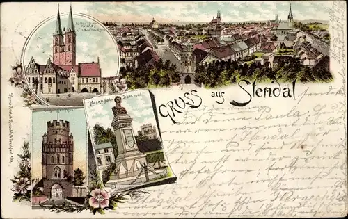 Litho Stendal in Sachsen Anhalt, Roland, St. Marienkirche, Tor, Nachtigal Denkmal