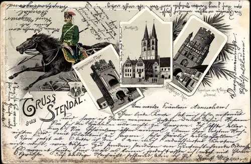 Litho Stendal in der Altmark, Ünglinger Tor, Husar, Marktplatz, Tangermünder Tor