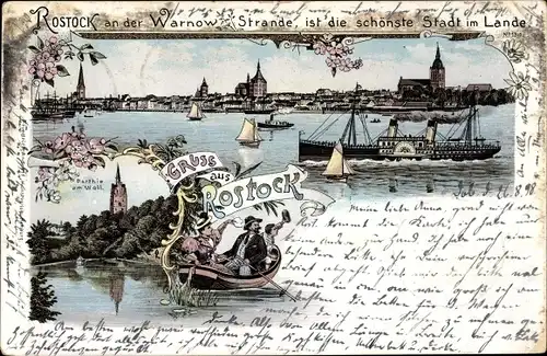 Litho Rostock in Mecklenburg Vorpommern, Partie am Wall, Warnow, Salondampfer