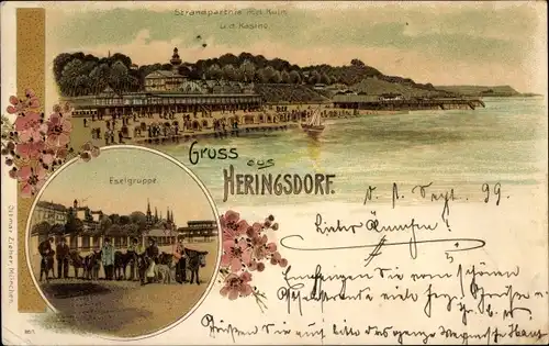 Litho Ostseebad Heringsdorf auf Usedom, Esel am Strand, Kasino