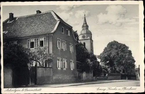 Ak Arheilgen Darmstadt in Hessen, Evangelische Kirche mit Pfarrhaus