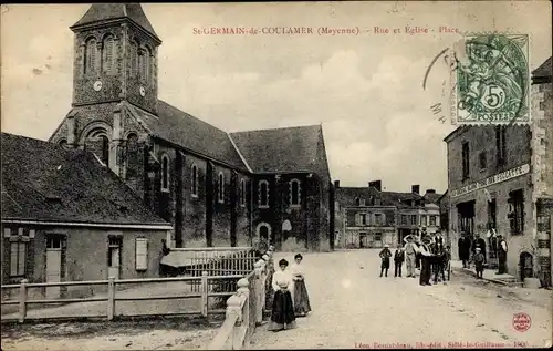 Ak Saint Germain de Coulamer Mayenne, Rue et Eglise