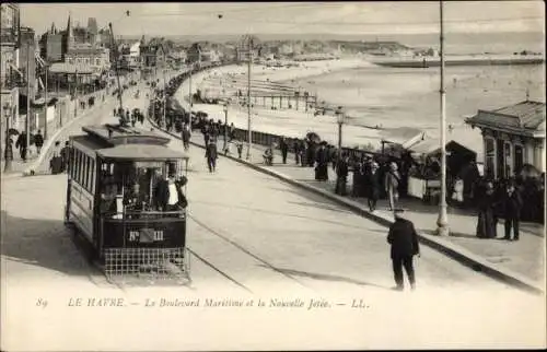 Ak Le Havre Seine Maritime, Le Boulevard Maritime et la Nouvelle Jetee, Straßenbahn