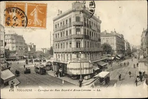 Ak Toulouse Haute Garonne, Carrefour des Rues Bayard et Alsace Lorraine, Straßenbahn