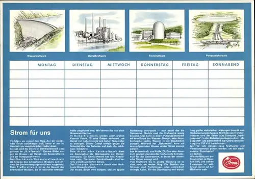 Stundenplan STROM für uns, Energie, Wasserkraftwerk, Atomkraftwerk, Dampfkraftwerk um 1970
