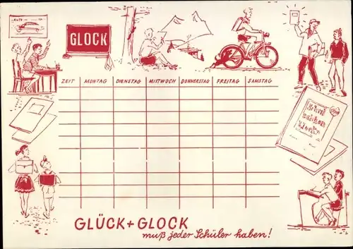 Stundenplan GLÜCK & GLOCK Schulbedarf, Kinder in der Schule, mit Fahrrad um 1960