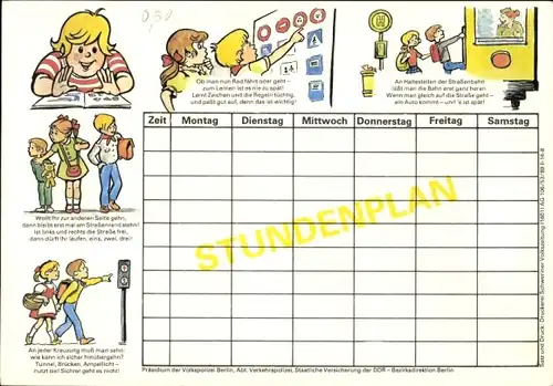 Stundenplan DDR Präsidium der Volkspolizei Berlin, Abt. Verkehrspolizei, Verkehrserziehung um 1970