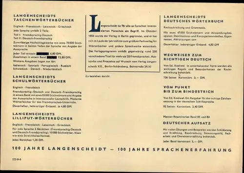 Stundenplan Langenscheidts Wörterbuch, 100 Jahre, Auflistung Wörterbucher um 1960