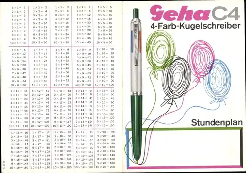 Stundenplan Geha C4 4-Farb-Kugelschreiber, Schulfüller mit Schwingfeder Multiplikationstabelle 1970