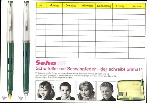 Stundenplan Geha C4 4-Farb-Kugelschreiber, Schulfüller mit Schwingfeder Multiplikationstabelle 1970