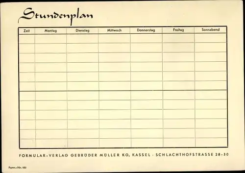 Stundenplan Formular-Verlag Gebrüder Müller KG, Kassel, Schlachthofstraße 28-30 um 1960