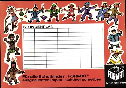 Stundenplan FORMAT Papier, für alle Schulkinder weltweit um 1960