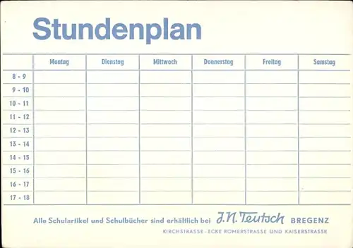 Stundenplan Schulartikel Schulbücher J. N. Teutsch, Bregenz, Kirchstraße um 1960