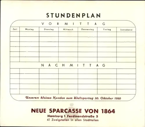 Stundenplan Neue Sparkasse, Hamburg Ferdinandstraße 5, Schmetterling Apollofalter um 1960
