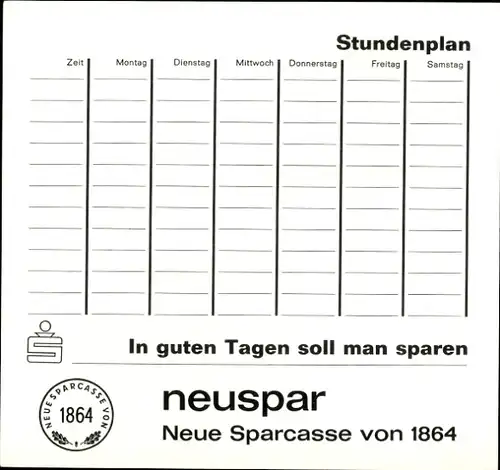 Stundenplan Neuspar, Neue Sparkasse Hamburg, Lehrer des Volkes J.H. Pestalozzi um 1960