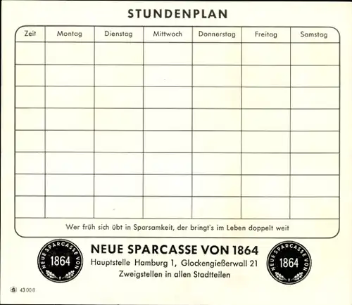 Stundenplan Neue Sparkasse Hamburg Glockengießerwall , Pilze Steinpilz Rotkappe um 1960