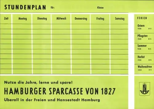 Stundenplan Neue Sparkasse Hamburg, Bäume und Sträucher Salweide Esche um 1960