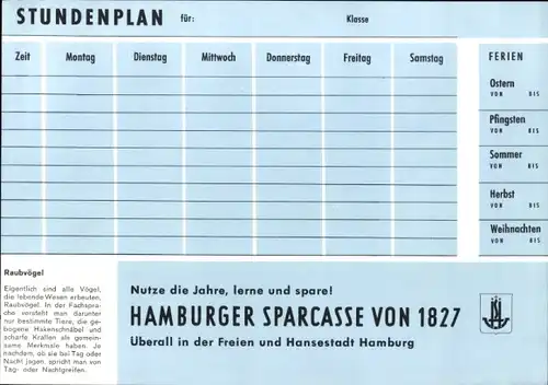 Stundenplan Neue Sparkasse Hamburg, Raubvögel Habicht Sperber Wanderfalke etc. um 1960