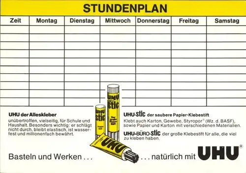 Stundenplan UHU der Alleskleber Papier-Klebestift um 1970