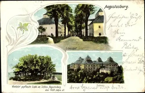 Ak Augustusburg Sachsen, Schlosshof, verkehrt gepflanzte Linde, Schloss