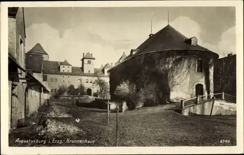 Ak Augustusburg im Erzgebirge, Brunnenhaus, Ortspartie