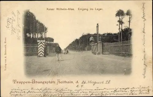 Ak Zeithain in Sachsen, Truppenübungsplatz, Kaiser Wilhelm-Allee, Eingang ins Lager