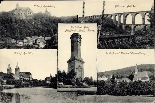 Ak Rochlitz an der Mulde, Schloss Rochsburg, Kirche Wechselburg, Göhrener Brücke, Rochlitzer Berg