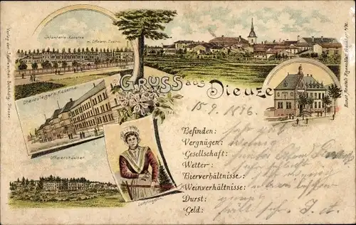 Litho Dieuze Duss Duß Lothringen Moselle, Infanterie Kaserne, Rathaus, Frau in Tracht