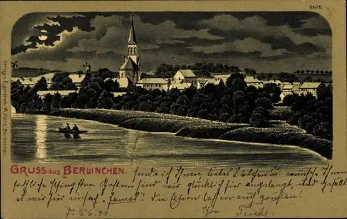 Mondschein Litho Barlinek Berlinchen Neumark Ostbrandenburg, Gesamtansicht, Kirche