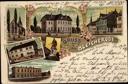 Litho Bleicherode in Thüringen, Kirche, Kgl. Amtsgericht, Postamt, Rathaus, Bahnhof