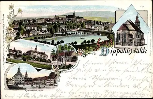 Litho Dippoldiswalde im Osterzgebirge, Amtsgericht, Marktplatz, Rathaus, Steinbruch Restauration