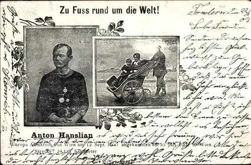 Ak Anton Hanslian, Europa Abmarsch von Wien 12. September 1900, Zu Fuß rund um die Welt