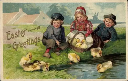 Präge Litho Glückwunsch Ostern, Easter Greetings, Kinder mit Entenküken, Tracht, Windmühle
